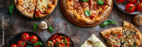 Variety of pizzas on rustic tabletops - An array of mouth-watering pizzas with diverse toppings laid out on wooden surfaces, perfect for food lovers and gatherings © Tida