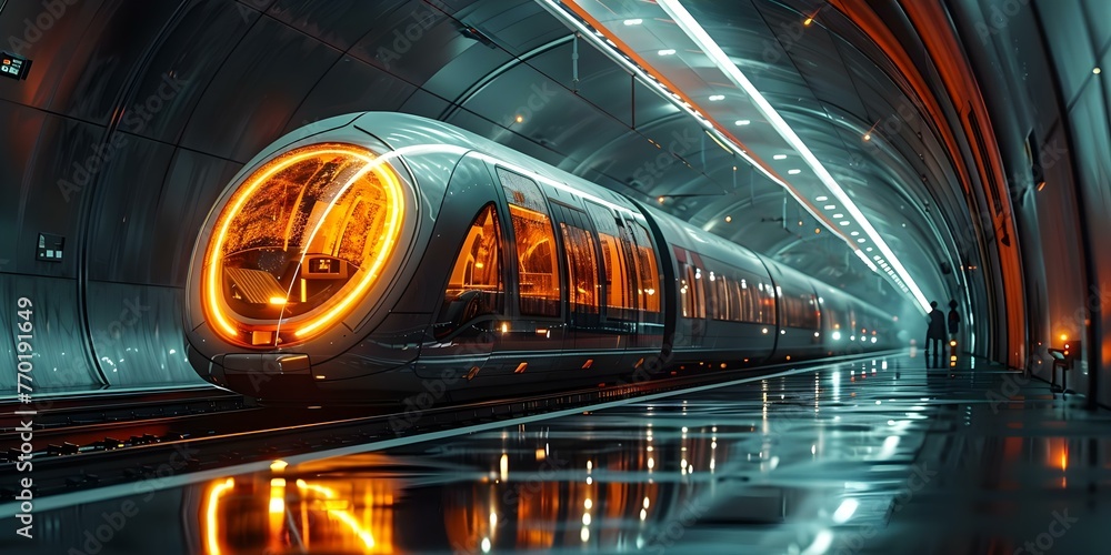 Futuristic Transportation Hub: Passengers Boarding Hyperloop Pods for Highspeed Frictionless City-to-City Travel. Concept Futuristic Transportation, Hyperloop Pods, Highspeed Travel