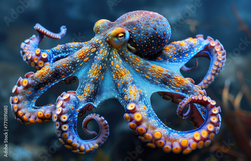 A beautiful blue octopus with orange spots, octopuses in the ocean, national geographic photo. Created with Ai © 360Degree