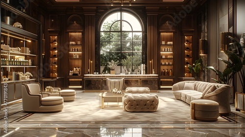mockup scene, featuring premium packaging designs displayed in a sophisticated retail setting with luxurious decor and soft, diffused lighting, portrayed in stunning 16k realism. photo