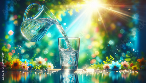 Crystal clear water flowing elegantly from a glass pitcher into a drinking glass, set against a spring background