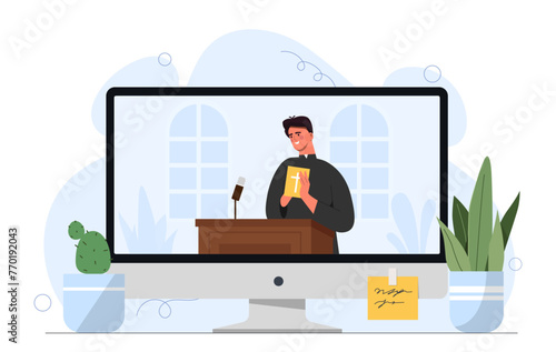 Online sermon concept. Man in black robe with holy book. Belief and faith. Religion occupation. Video conference in social networks. Cartoon flat vector illustration isolated on white background