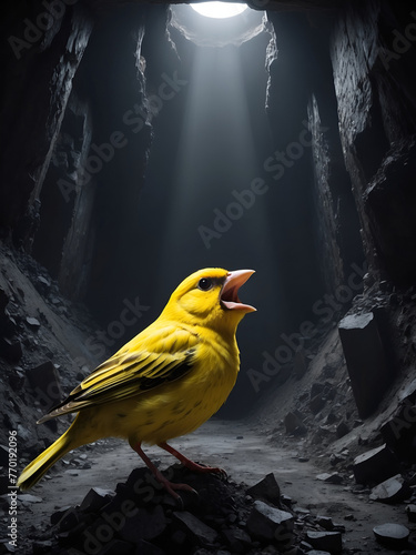 Yellow canary chirping in a cave with light shining through the ceiling