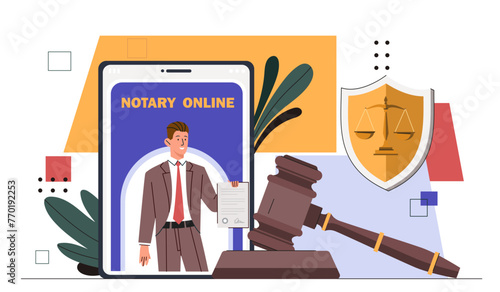 Notary service online concept. Man with shield and judge gavel. Legal support of deals, lawyer with jurisprudence. Poster or banner. Cartoon flat vector illustration isolated on white background