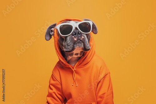 closeup photo of a portrait of a cute white and black dog wearing an orange hoodie with stylish colorful sunglasses standing against a yellow and orange bright background