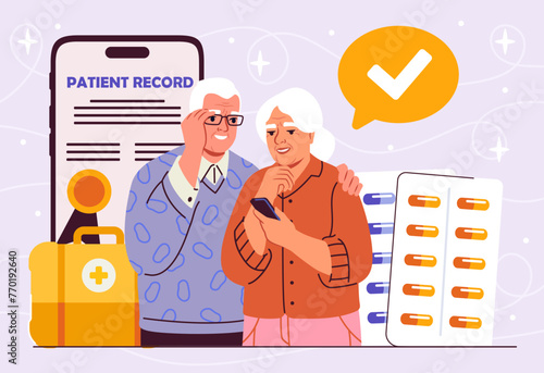 Medical support for elderly people. Old man and woman near pills and medicines, tablets. Health care and medicine, treatment. Cartoon flat vector illustration isolated on violet background