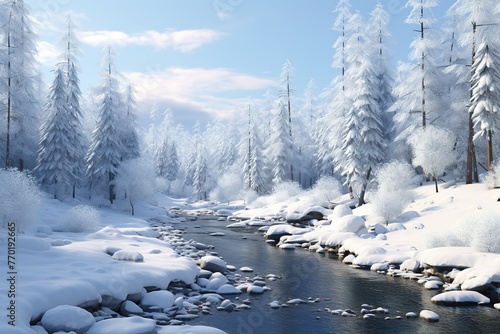 Winter landscape with snow covered trees and river, AI Generated © Mediapro