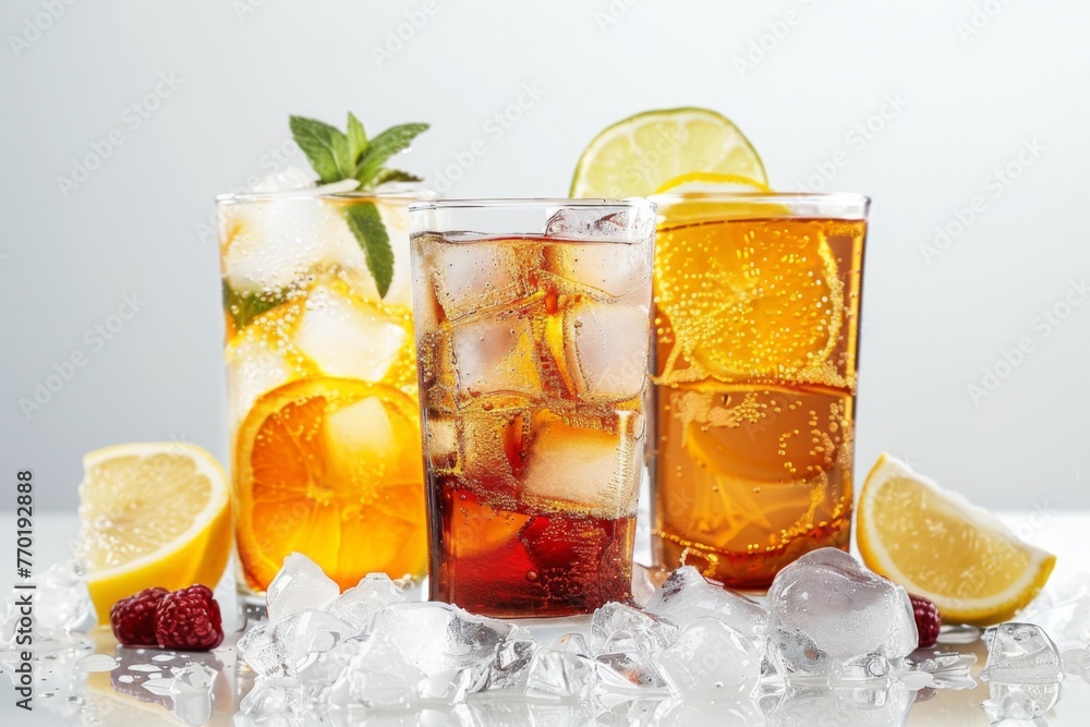 Fresh iced tea refreshments with citrus twist - High-quality image of sparkling iced tea in glasses, complemented by fresh citrus fruits and a crisp white background Fresh iced tea refreshments with citrus twist - High-quality image of sparkling iced tea in glasses, complemented by fresh citrus fruits and a crisp white background