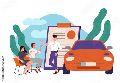 Man sells car concept. Autodealer talk with guy and girl near large red car. Automobile and transport. Deal and agreement, contract. Cartoon flat vector illustration isolated on white background