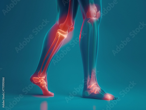 areas of pain marked in red, leg against a soothing blue background, anatomical accuracy.