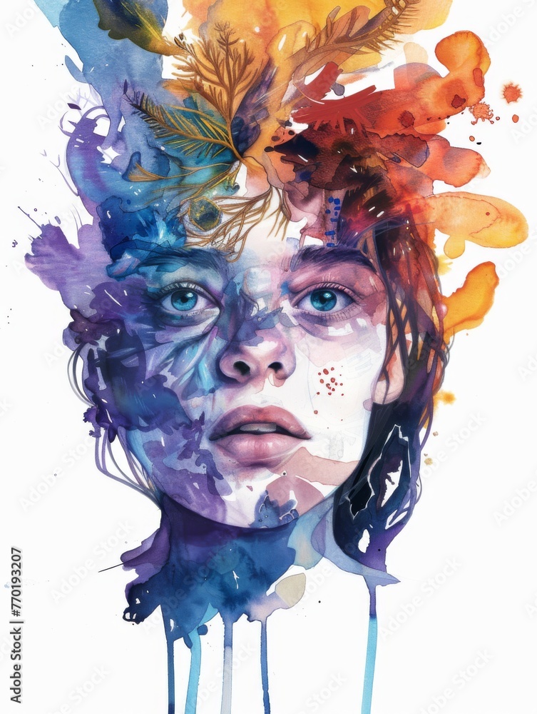 Abstract watercolor portrait with splashes of color - Dynamic watercolor portrait merging a woman's face with abstract color splashes