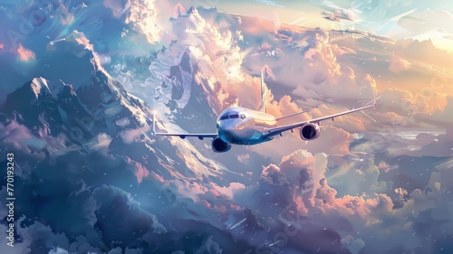 Airplane flying above the clouds at sunset - A commercial airplane soars high amongst golden sunset cloudscape, highlighting travel themes