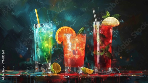 Artistic splash of colorful cocktails in motion - High-speed capture of vibrant cocktails with splashing liquid, showcasing energy and motion