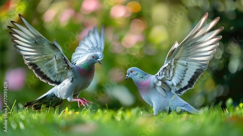Two pigeons engaged in a playful chase on a grassy patch their wings spread wide against the backdrop of skyscrapers.
