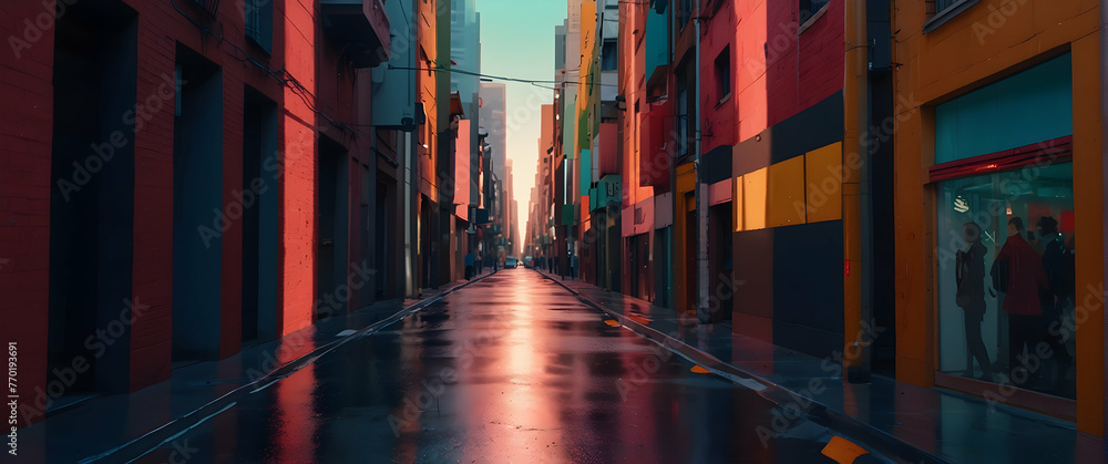 After a rain shower, a deserted street is slick with reflections from the colorful buildings and setting sun, creating a mood of quiet isolation - obrazy, fototapety, plakaty 