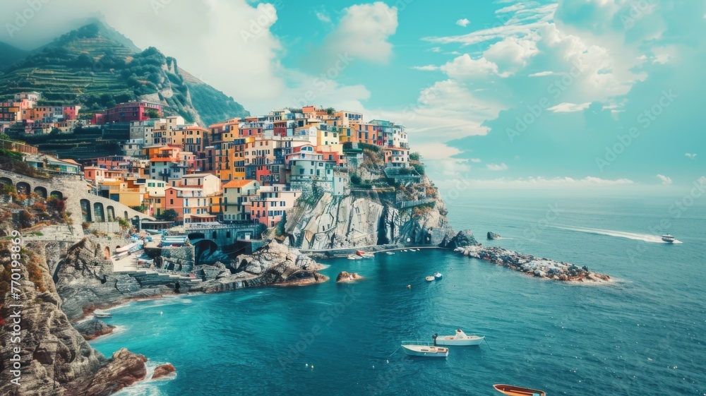 Colorful cliffside village on Italian coast - Picturesque cliffside village in Italy with multicolored houses overlooking the blue sea