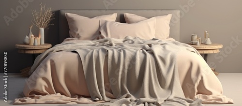 Messy white sheets on bed in minimalist home style bedroom interior, with decorative lights