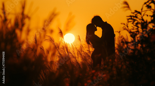 Sunset Embrace: A Couple's Silhouette Amidst Nature's Warm Glow