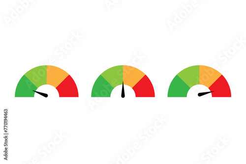 Performance meter icons. Indicator gauges set. Status dashboard dials. Vector illustration. EPS 10.