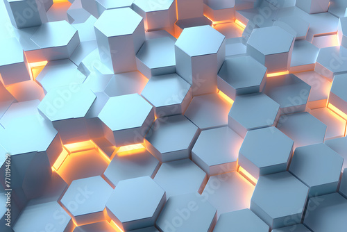 abstract geometric background in the form of 3D white hexagons and lights  futuristic hexagons with neon orange light underneath them