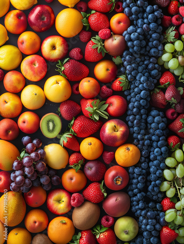 Capture the essence of freshness and vitality with an aerial view of a colorful array of ripe fruits  arranged in an eye-catching pattern Show how the vibrant colors and textures pop against a clean
