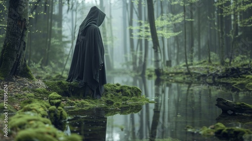 A hooded figure stands at the edge of a mossy pond face hidden as they seem to commune with the spirits of the forest. . . photo