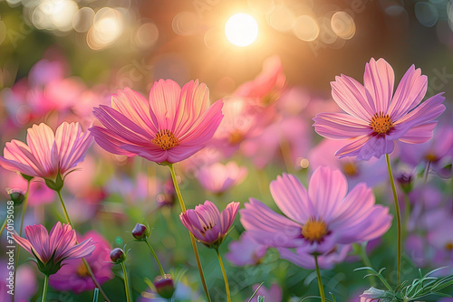 A field of blooming cosmos flowers in shades of pink and purple  with the sun casting warm light on them. Created with Ai