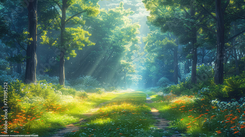 Sun rays in forest. Created with Ai