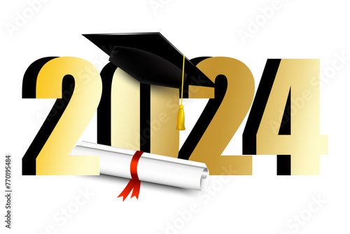 Golden 2024 numerals with a graduation cap and diploma. Vector illustration. EPS 10.