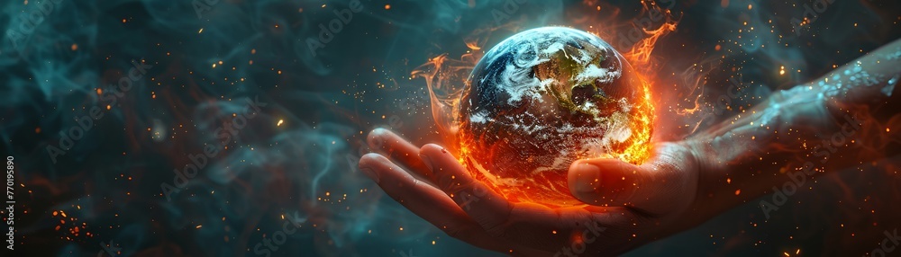 A striking 3D image of a human hand holding the Earth, with fires raging over forests and ice melting rapidly, showcasing the devastating effects of climate change - obrazy, fototapety, plakaty 