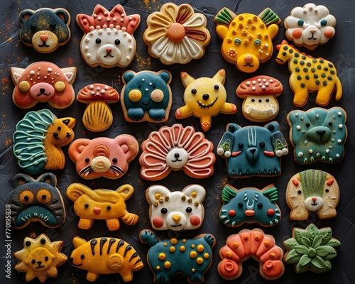 A vibrant array of animalshaped cookies, each decorated to celebrate a lively festival atmosphere, under soft, warm lighting photo