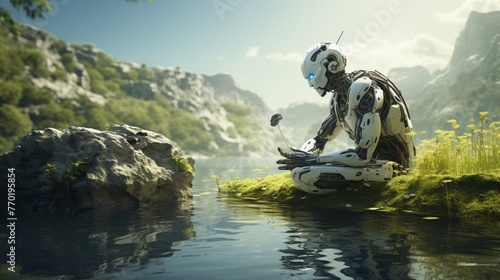 a futuristic robot engaged in a peaceful interaction with nature
