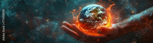 A striking 3D image of a human hand holding the Earth, with fires raging over forests and ice melting rapidly, showcasing the devastating effects of climate change photo