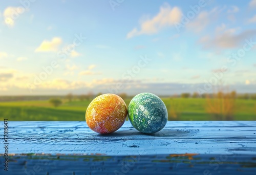 colorful eggs laid on the big blue table with flowers and a nest in front of a big green garden with beautiful plants during sunshine in the morning