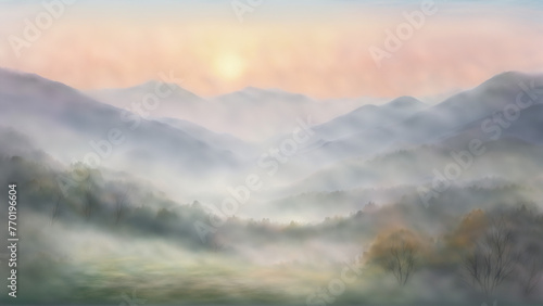 Gentle Background, Misty Mountain Landscape Painting, Peaceful Dawn Scenery