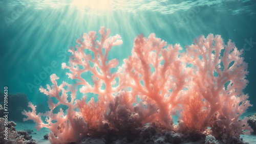 Gentle Background, Coral Underwater with Sun Rays, Ocean Life