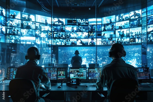 A team of security guards in surveillance room, Ai Generated