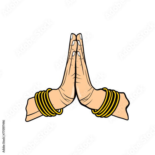 namaste hand gesture with gold wristband vector illustration