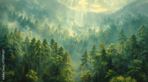 A dense forest of pine trees, with sunlight filtering through the canopy, creating dappled light and shadow on the ground. Created with Ai © Design