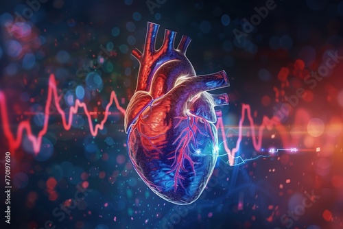Human heart on dark background with cardiogram, Ai Generated