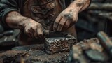 A metalworker skillfully hammers away at a piece of raw material transforming it into a unique piece of jewelry with intricate details and textures.