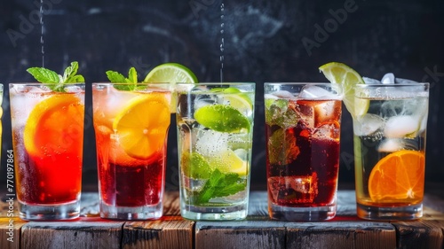 Variety of iced drinks on a wooden board - Five different refreshing cocktails on a rustic wooden surface with a dark background, denoting diversity