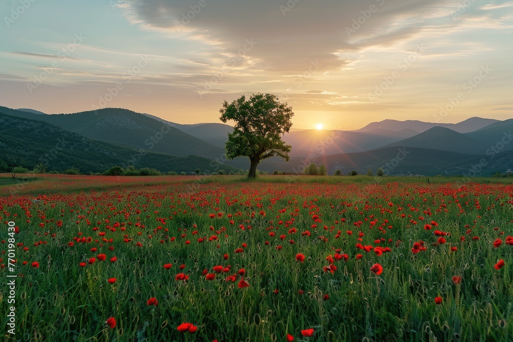 The sun is setting behind the mountains and there is an endless green grassland with red poppies in full bloom on it during sunset with a green tree popped in between