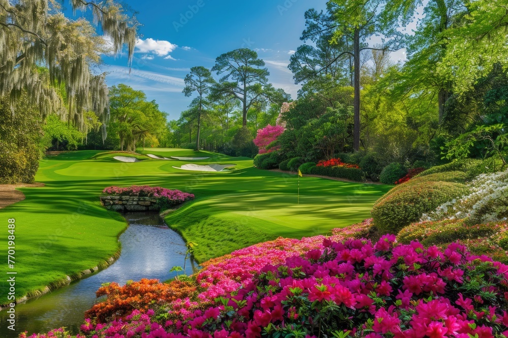 a beautiful park with green natural grassy field and big green trees with a lake underflowing the field with red and pink roses in the garden during sunshine in the morning