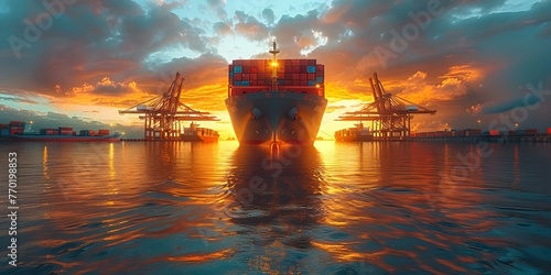 Global Trade and Transportation: Container Ship Being Loaded at a Busy Port. Concept Global Trade, Transportation, Container Ship, Busy Port