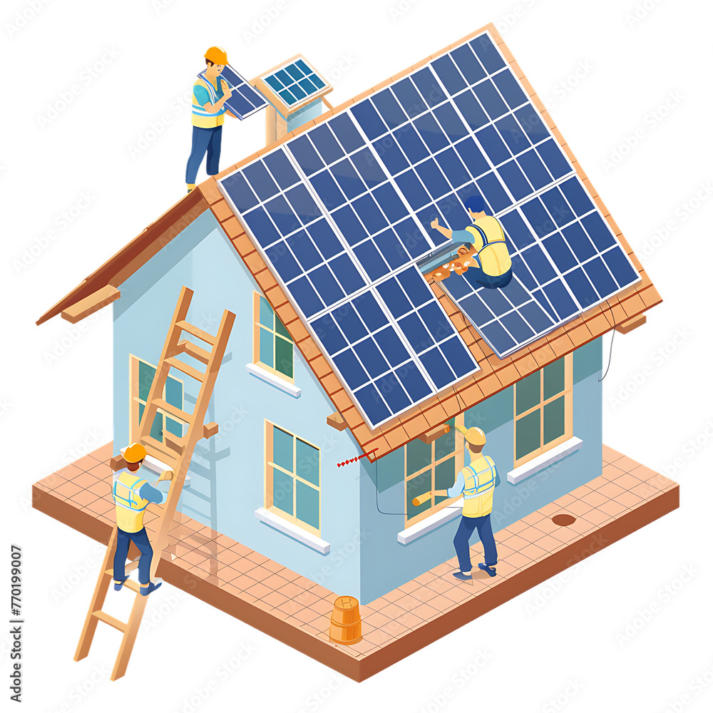 Solar panels installation on family house roof - obrazy, fototapety, plakaty 