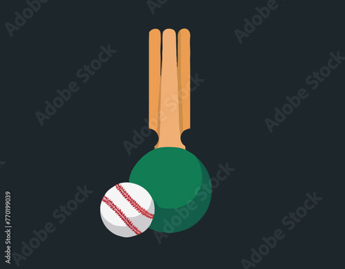 Batte de cricket avec illustration vectorielle de balle et de guichet. Concept d’icône d’objets sportifs. Batte et balle de cricket pour un design vectoriel de jeu de sport sur fond blanc