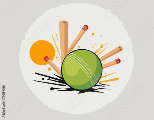 Batte de cricket avec illustration vectorielle de balle et de guichet. Concept d’icône d’objets sportifs. Batte et balle de cricket pour un design vectoriel de jeu de sport sur fond blanc