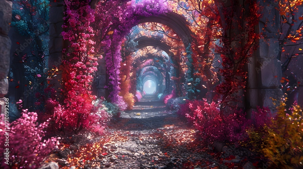 Enchanting Floral Tunnel:A Dreamlike Springtime Passage Through a Digital Landscape