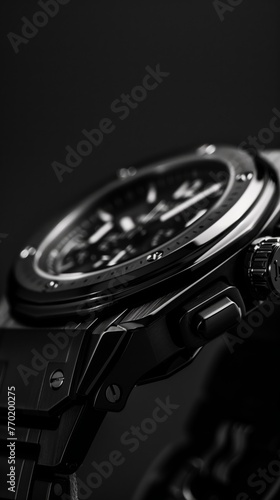Exquisite wristwatch on black background, sleek modern design in black and silver tones, high-end luxurious feel.